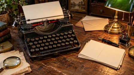 Typewriter and Postcards on a Desk jigsaw puzzle