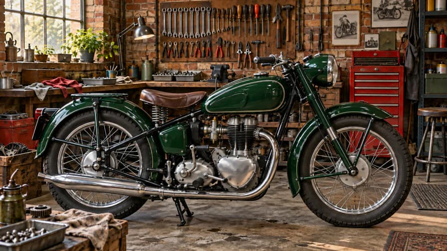 A green vintage motorcycle surrounded by hand tools, brick walls and a wooden workbench.
