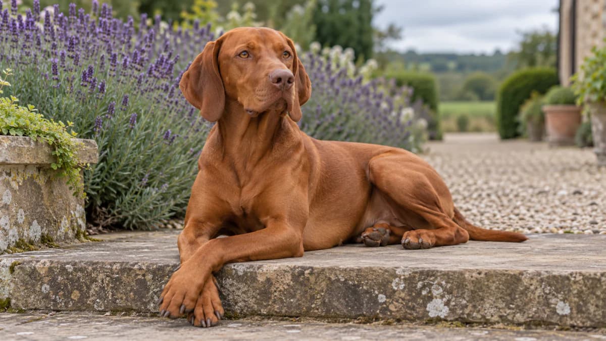 Vizsla Resting on a Stone Garden Step jigsaw puzzle preview