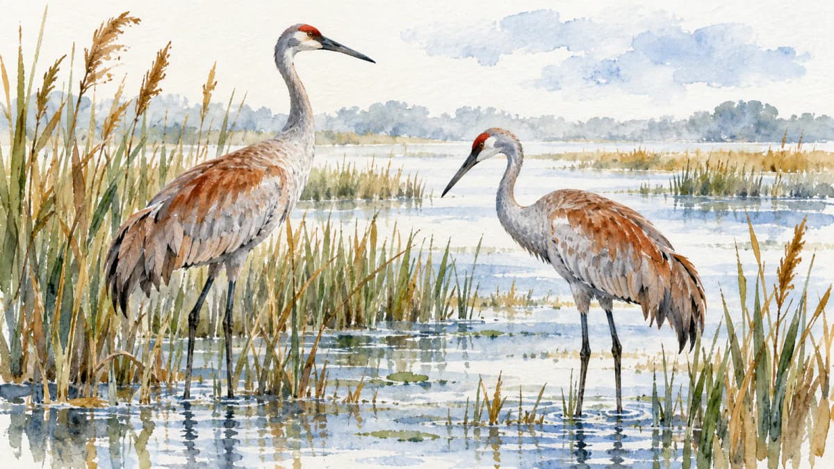 Watercolor Cranes in a Marsh jigsaw puzzle preview