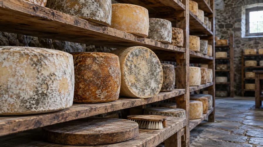 Wheels of Cheese Aging on Wooden Cellar Shelves jigsaw puzzle