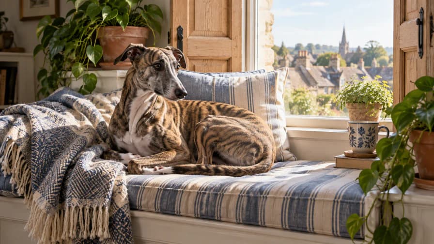 Whippet on a Striped Window Seat jigsaw puzzle preview