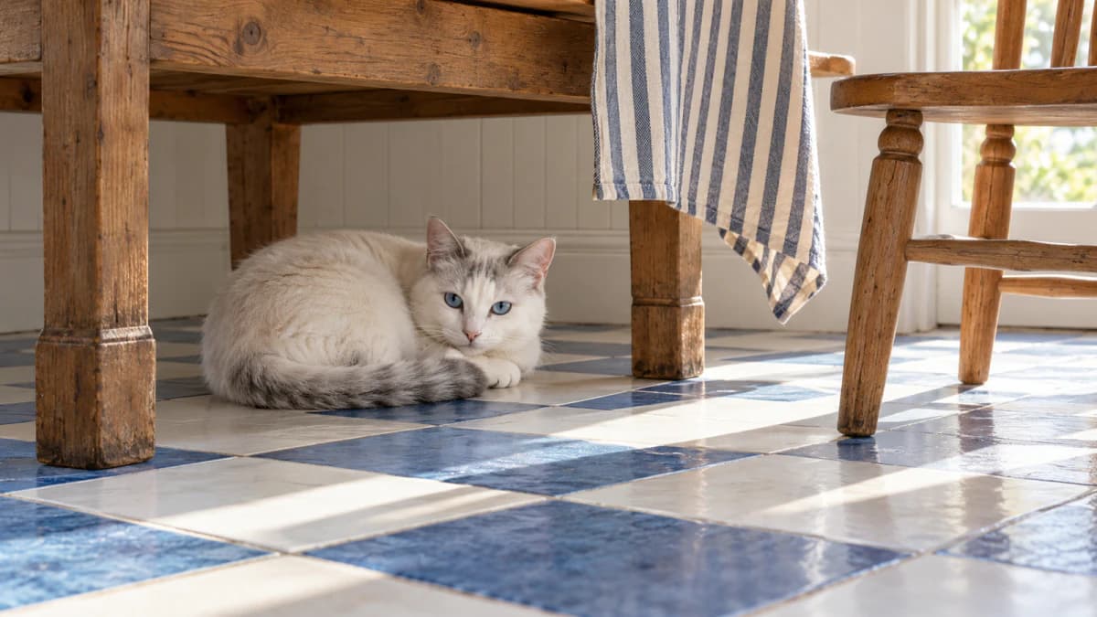White Cat beneath a Kitchen Table jigsaw puzzle preview