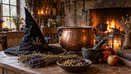 Witch's Hat and Cauldron on a Cottage Table jigsaw puzzle