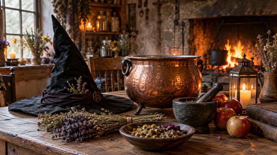 Witch's Hat and Cauldron on a Cottage Table jigsaw puzzle preview