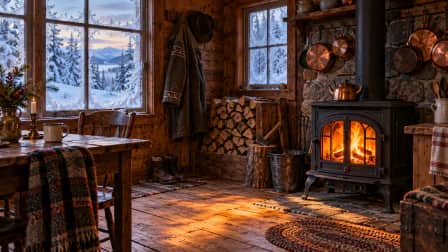 Wood Stove in a Snowbound Cabin jigsaw puzzle