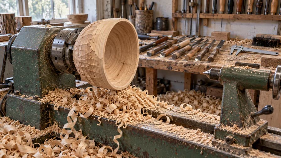 Woodturned Bowl on a Lathe amid Fresh Shavings jigsaw puzzle