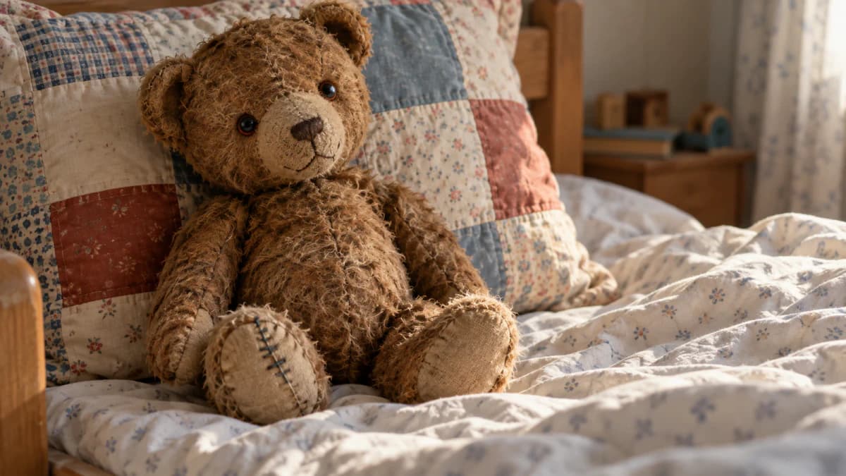 Worn Teddy Bear on a Patchwork Pillow jigsaw puzzle preview
