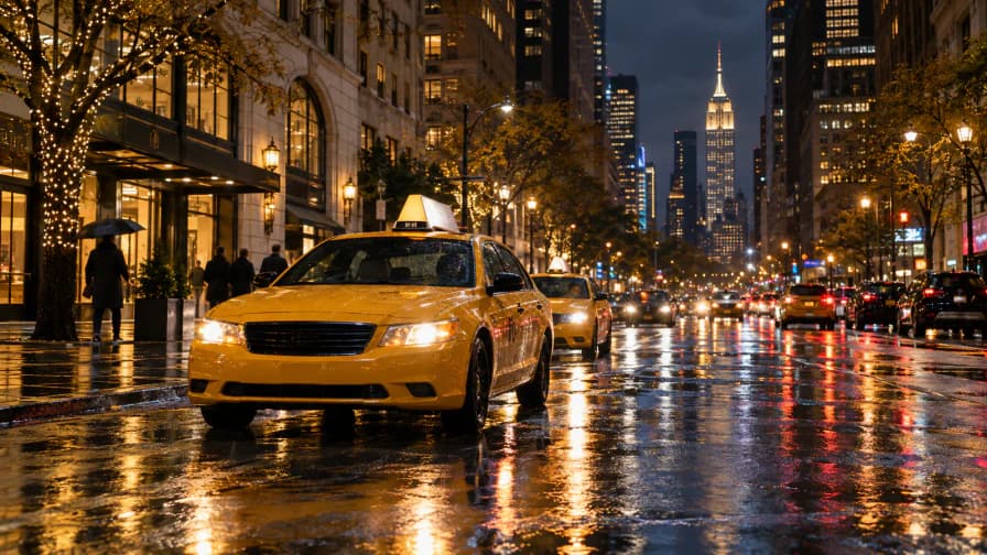 Yellow Cabs on a Rainy Avenue jigsaw puzzle preview