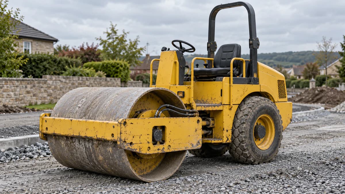 Yellow Road Roller on a Gravel Worksite jigsaw puzzle preview