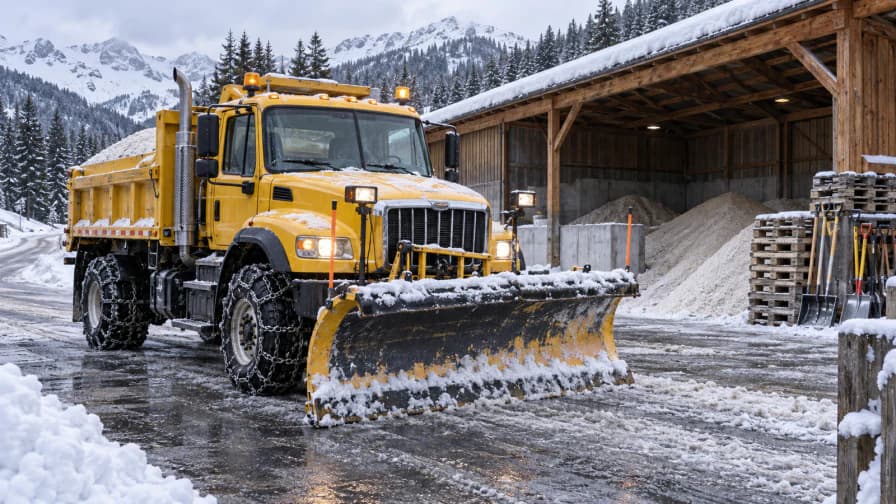 Yellow Snowplow at a Mountain Depot jigsaw puzzle preview